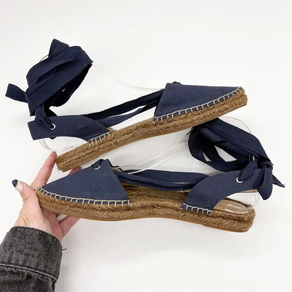 J. Crew Pointed‎ Toe Ankle Wrap Tie Espadrille Size 8 Navy Blue Canvas Summer